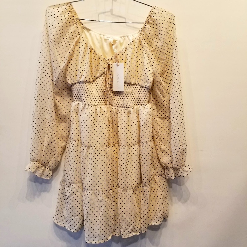 By the River Long Sleeve Dress Polka Dot Cream Black Party Dress Juniors M